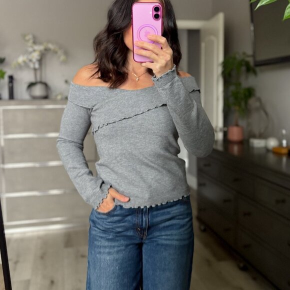 Women’s Gray Off-Shoulder Lettuce Hem Knit Top - Picture 12 of 12